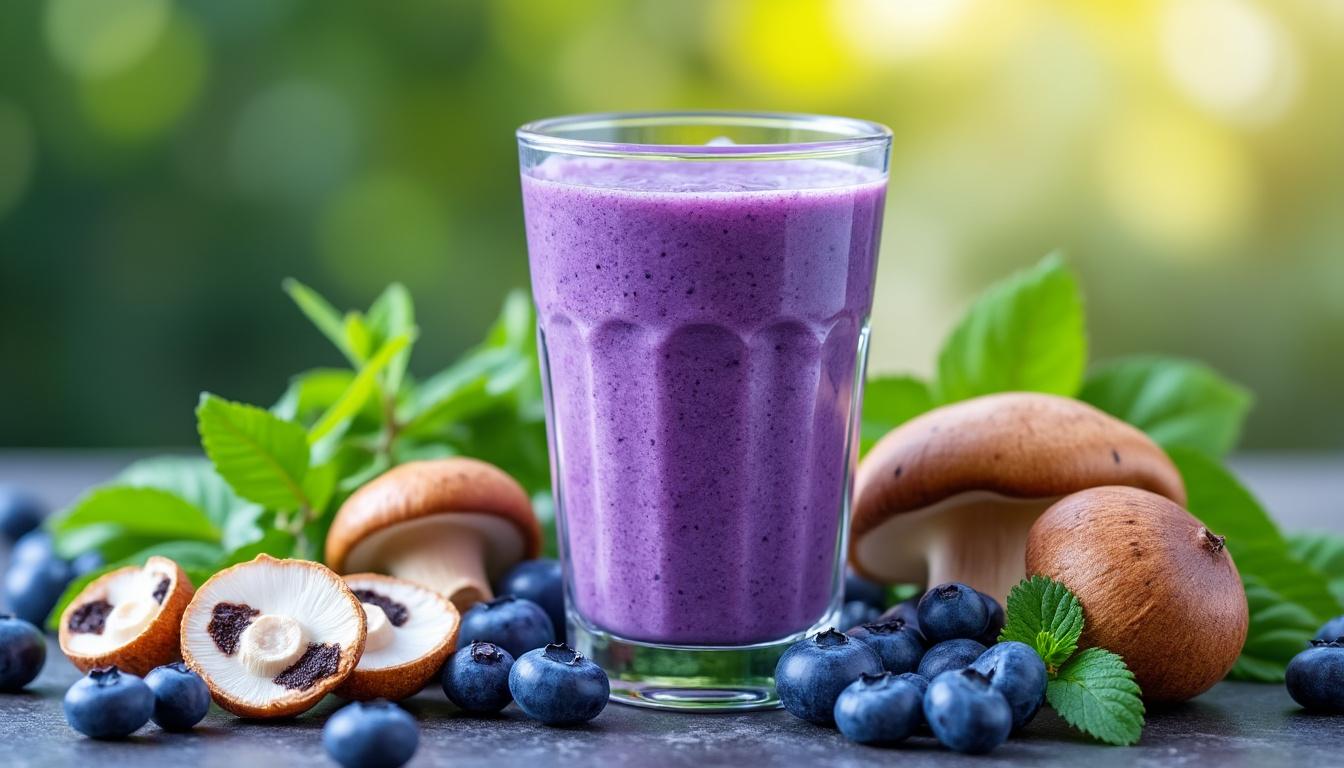 découvrez notre smoothie reishi myrtilles, un cocktail antioxydant naturel qui revitalise votre corps et booste votre énergie grâce aux bienfaits du champignon reishi et des myrtilles fraîches.